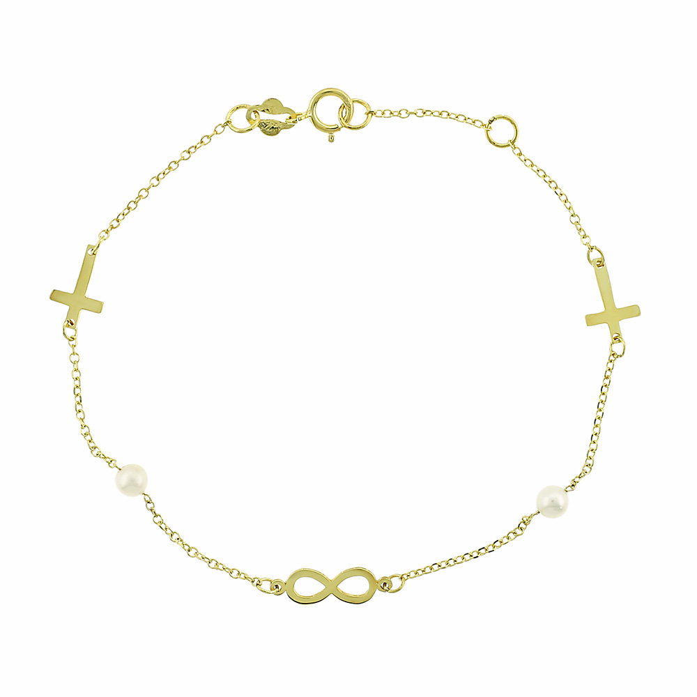 14K GOLD INFINITY CROSS BRACELET WITH PEARLS
