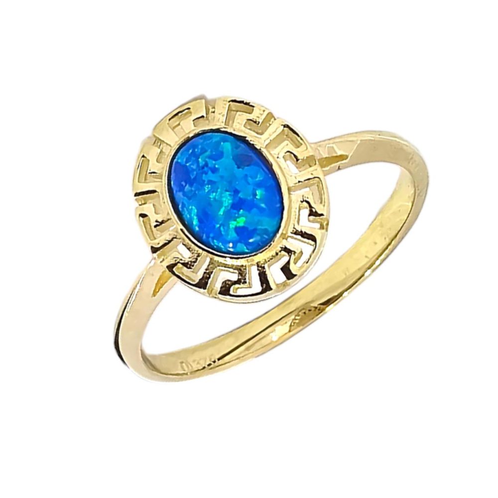 9K GOLD GREEK MEANDER BLUE OPAL RING