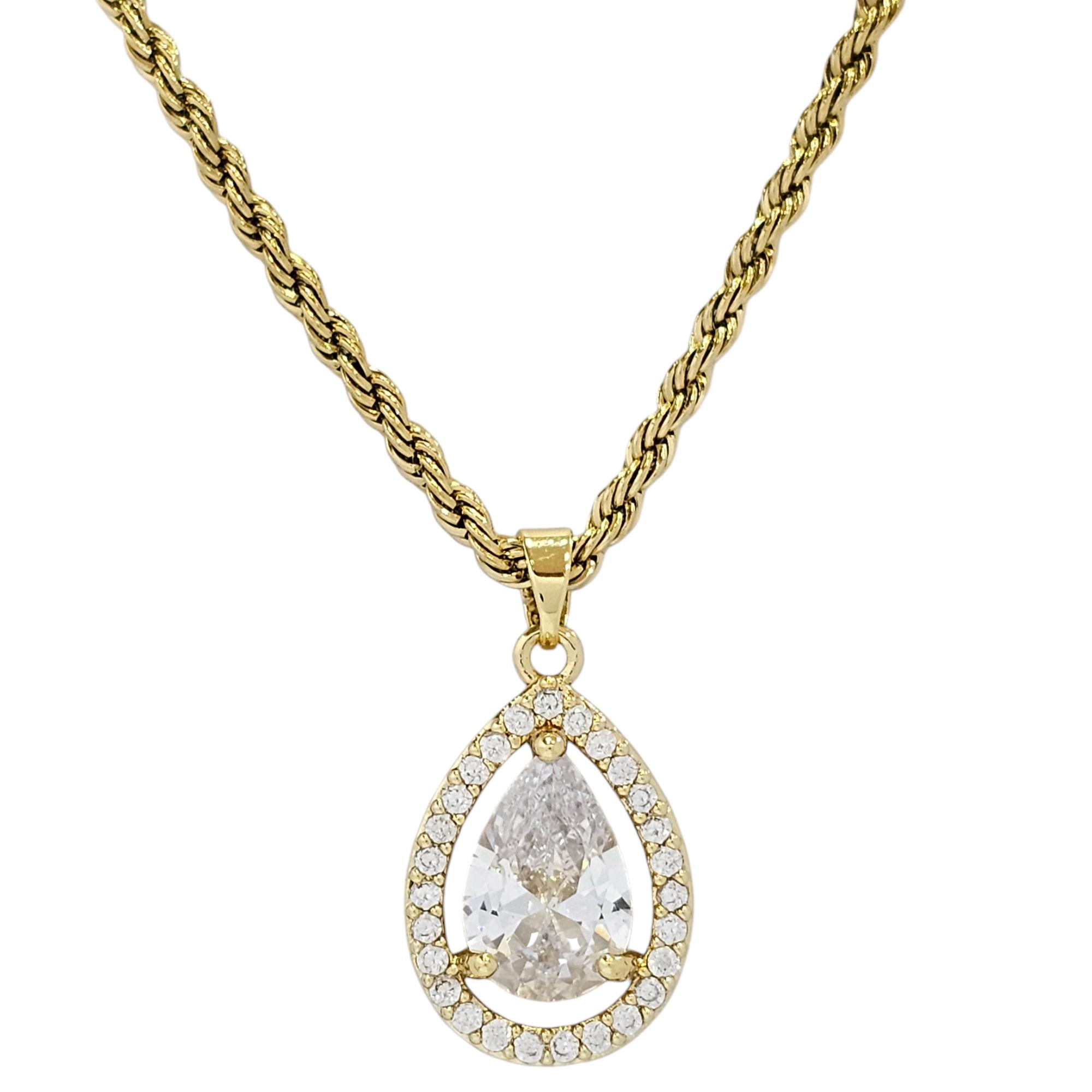 STAINLESS STEEL PEAR CUT NECKLACE WITH ROPE CHAIN NECKLACE