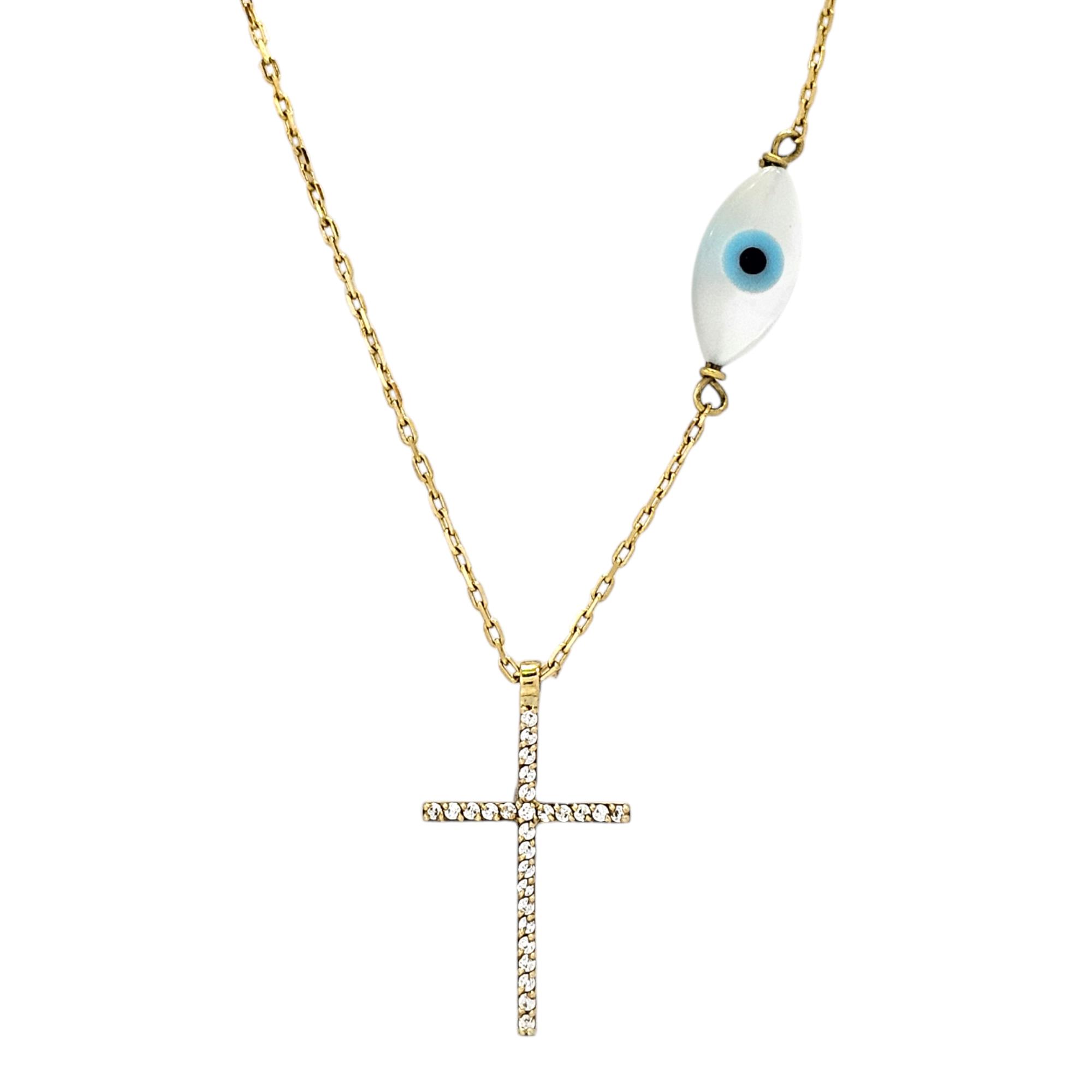 18K GOLD EVIL EYE AND CROSS NECKLACE