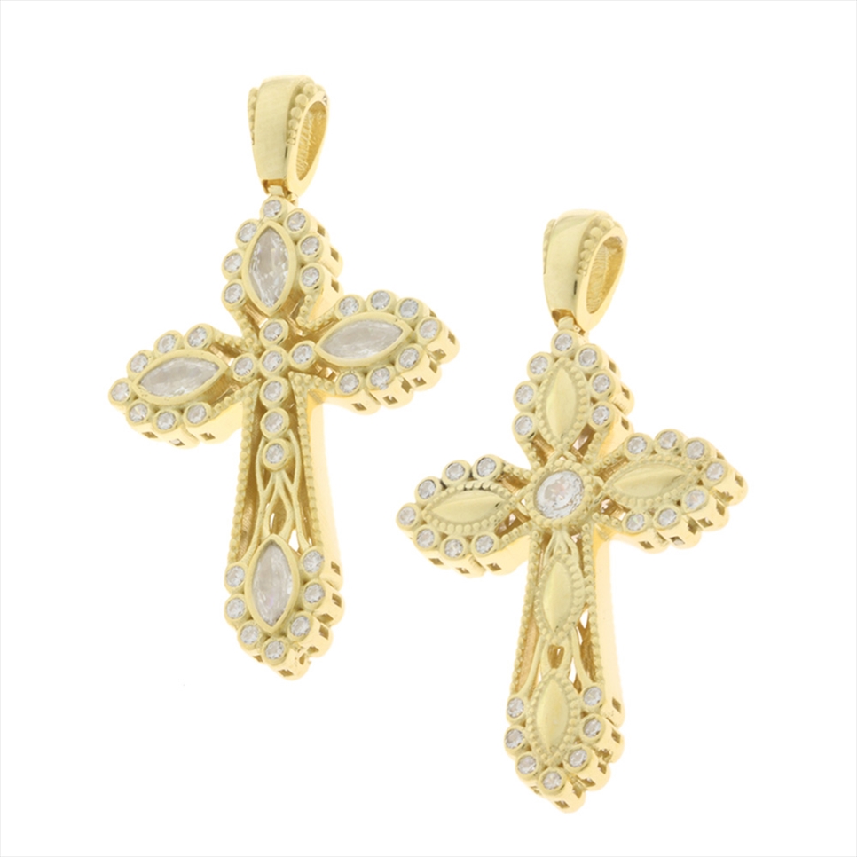 14K GOLD HANDMADE CROSS DOUBLE FACE WITH ZIRNONS