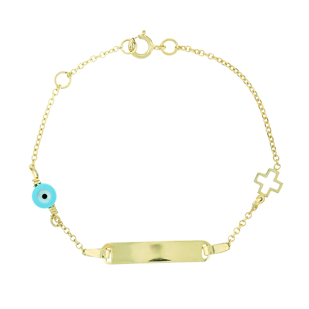 9K GOLD EVIL EYE AND CROSS ID BRACELET
